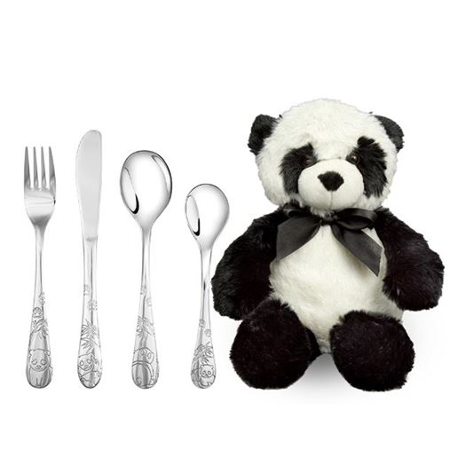 Børnebestik Panda med bamse - med eller uden navn og dato